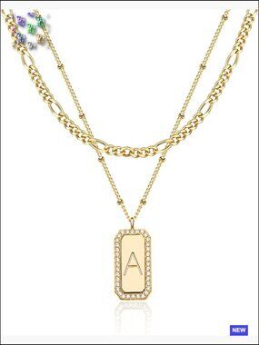Gold Initial Figaro Chain Layered Necklace Set Bar Pendant Dainty Everyday